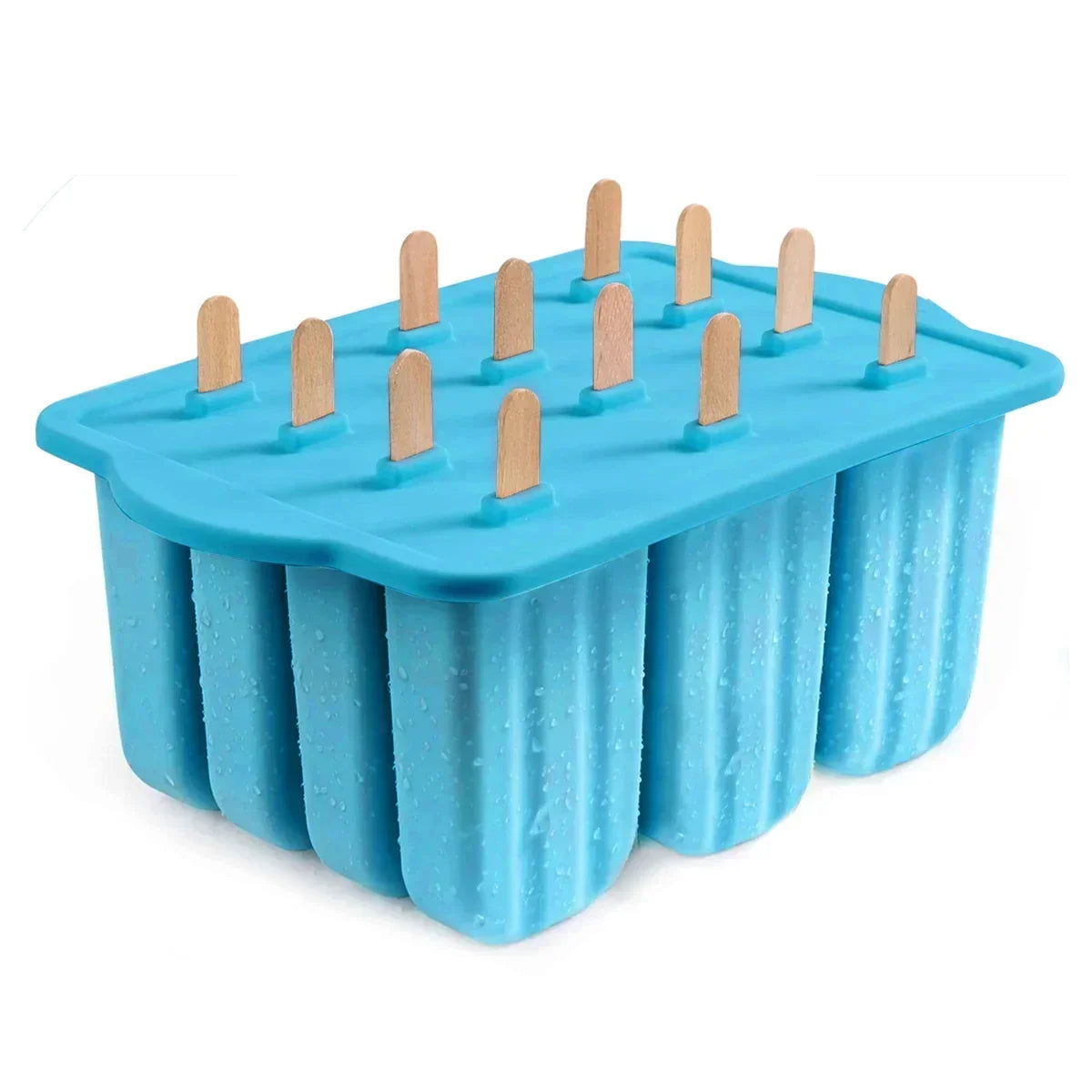 Silicone Popsicle Molds 12-Piece Set + 50 Wooden Sticks Popsicle Mold Set PLUSH Blue A