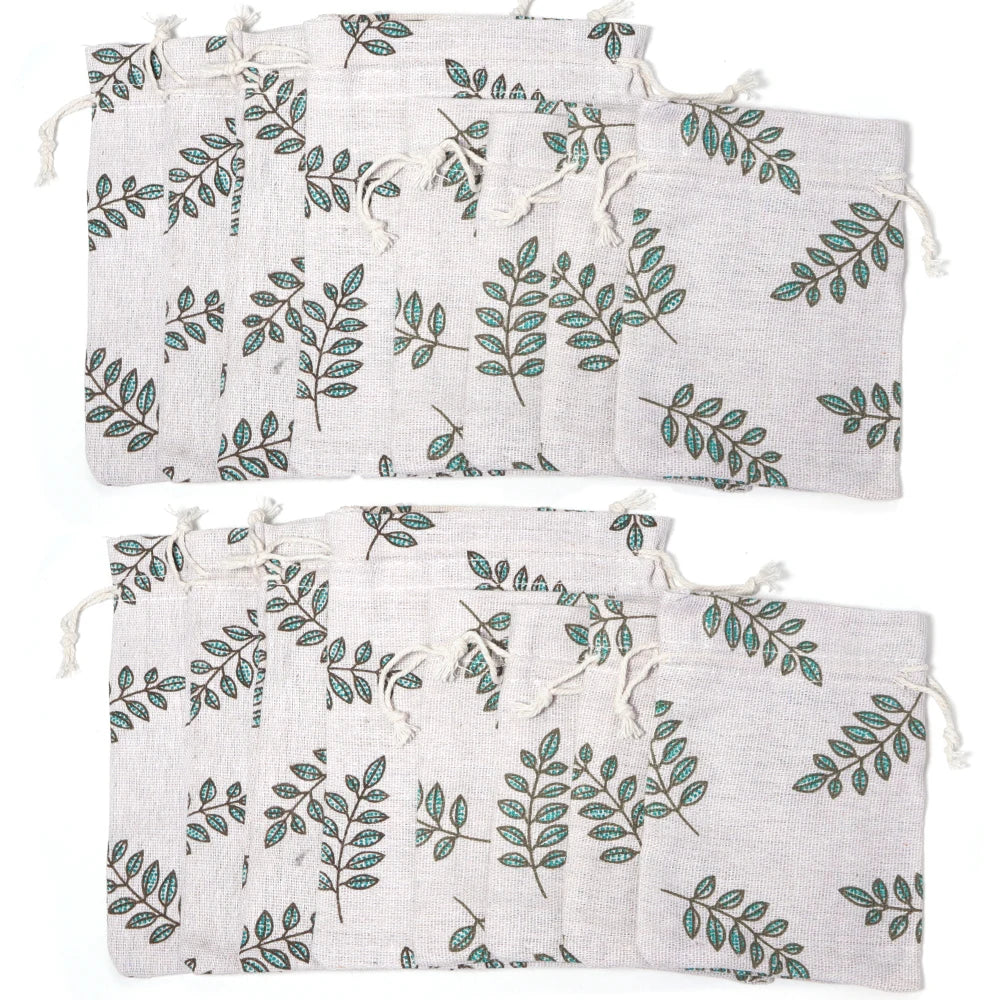 Green Leaf Cotton Linen Drawstring Pouches 5pcs – Gift Bags Drawstring Pouch Bags PLUSH