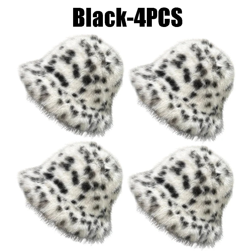 Women's Puffy Faux Fur Bucket Hat | Leopard Print Winter Hat Faux Fur Bucket Hat PLUSH Black-4PCS