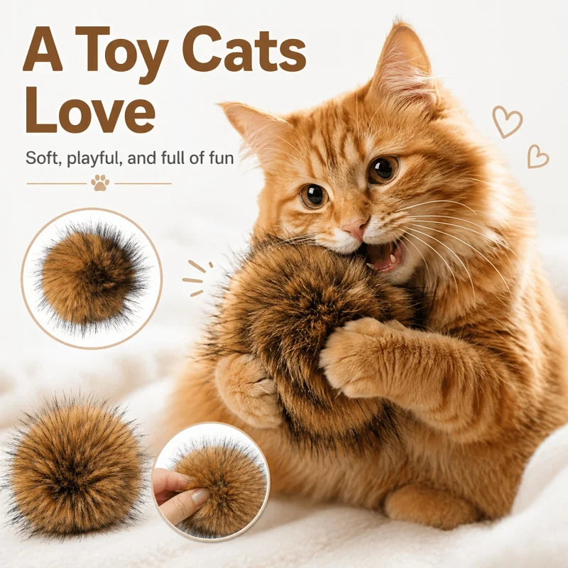 4pc Faux Rabbit Fur Cat Toy Balls – Soft Plush Interactive Set Cat Toy Set PLUSH