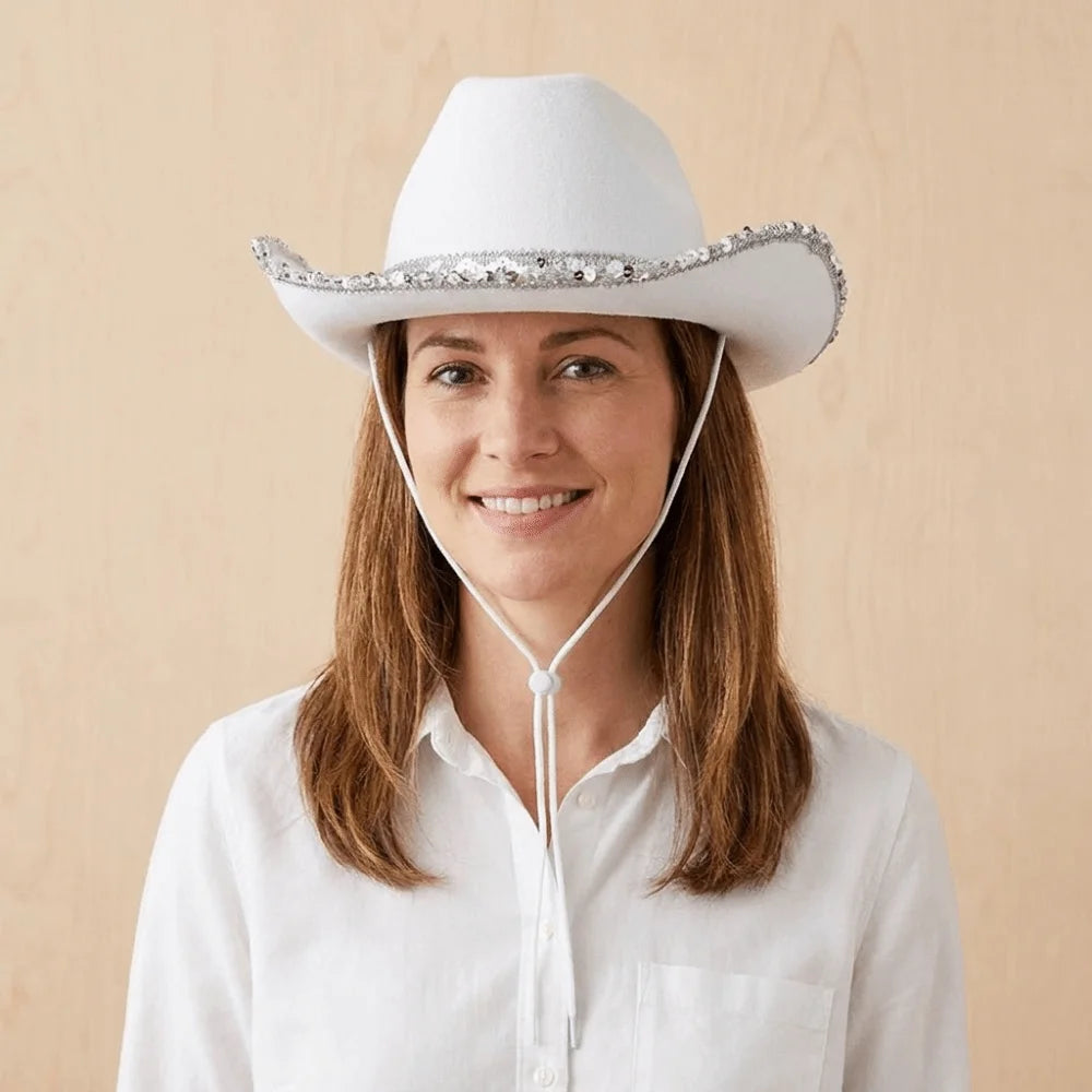 Wide Brim Sequin Cowgirl Hat – Furry Trim Western Style Western Cowgirl Hat PLUSH