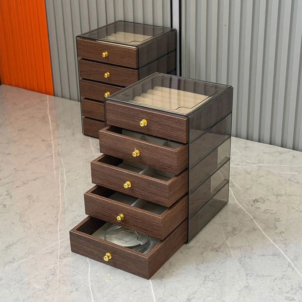 Walnut Grain Jewelry Box – 3 or 5 Drawer Dust-Proof Storage Jewelry Storage Box PLUSH