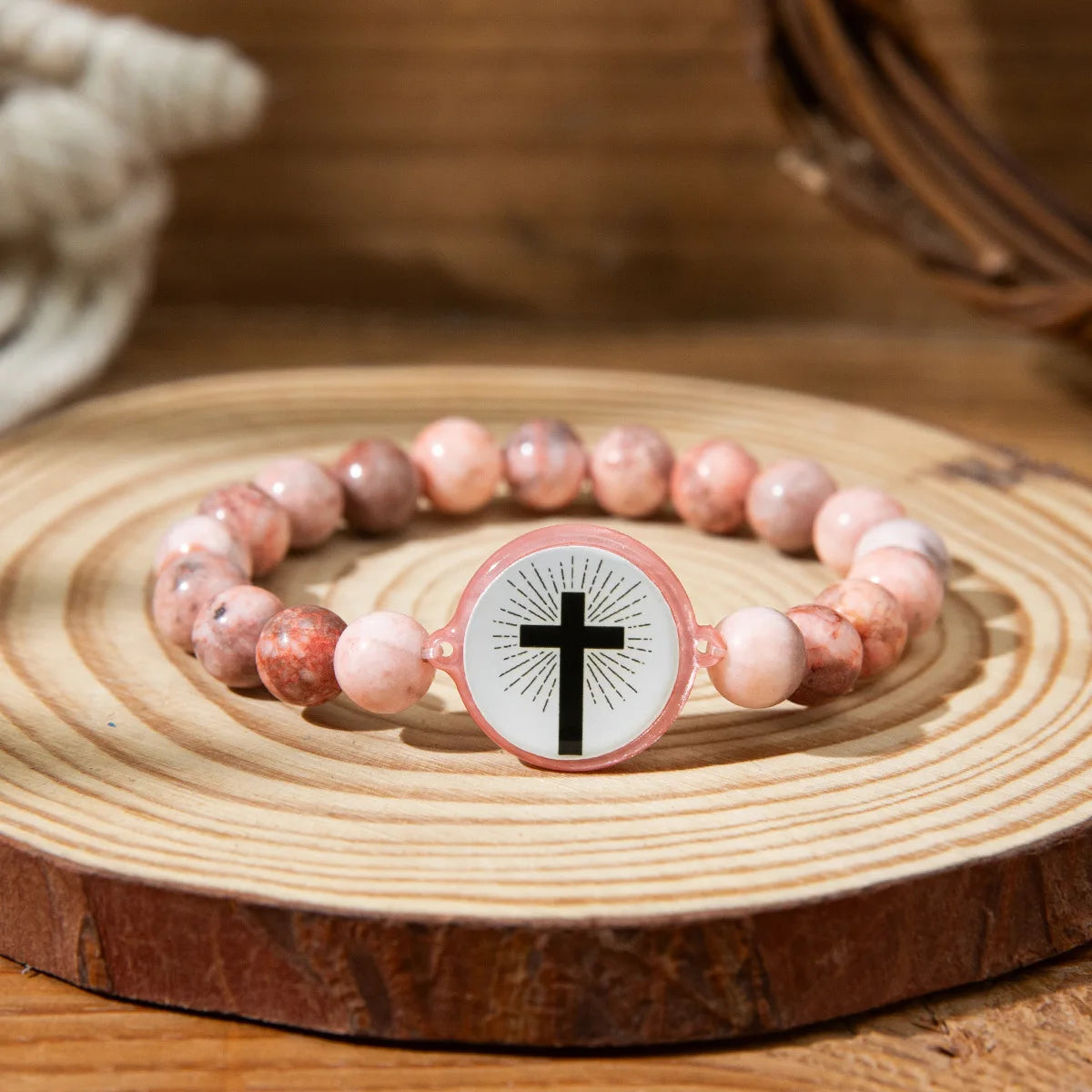 NFC Bible Verse Natural Stone Cross Bracelet – Unisex Christian Beaded Cross Bracelet PLUSH pink length 18cm
