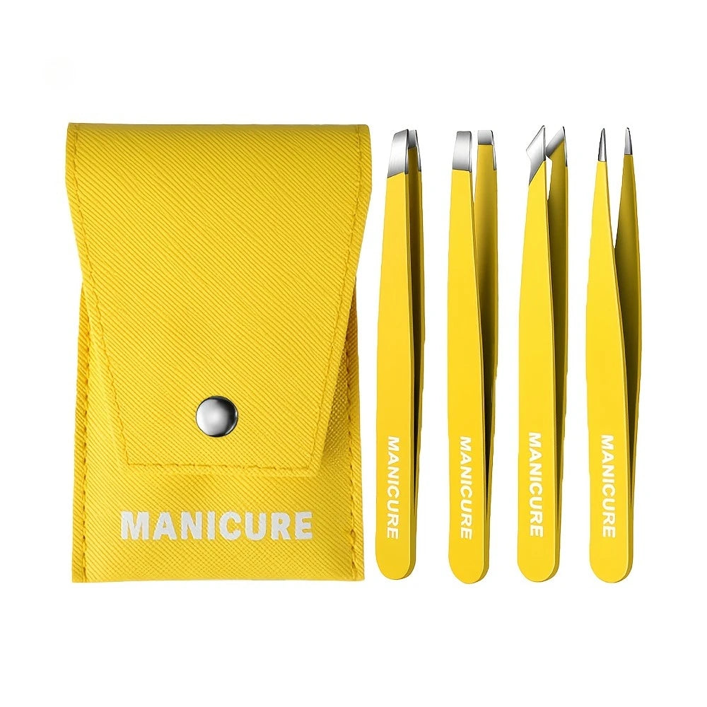 Ouriner Stainless Steel Slant Tweezers Set – Precision Brow Tool Eyebrow Tweezers Set PLUSH Yellow 4 Pcs Set