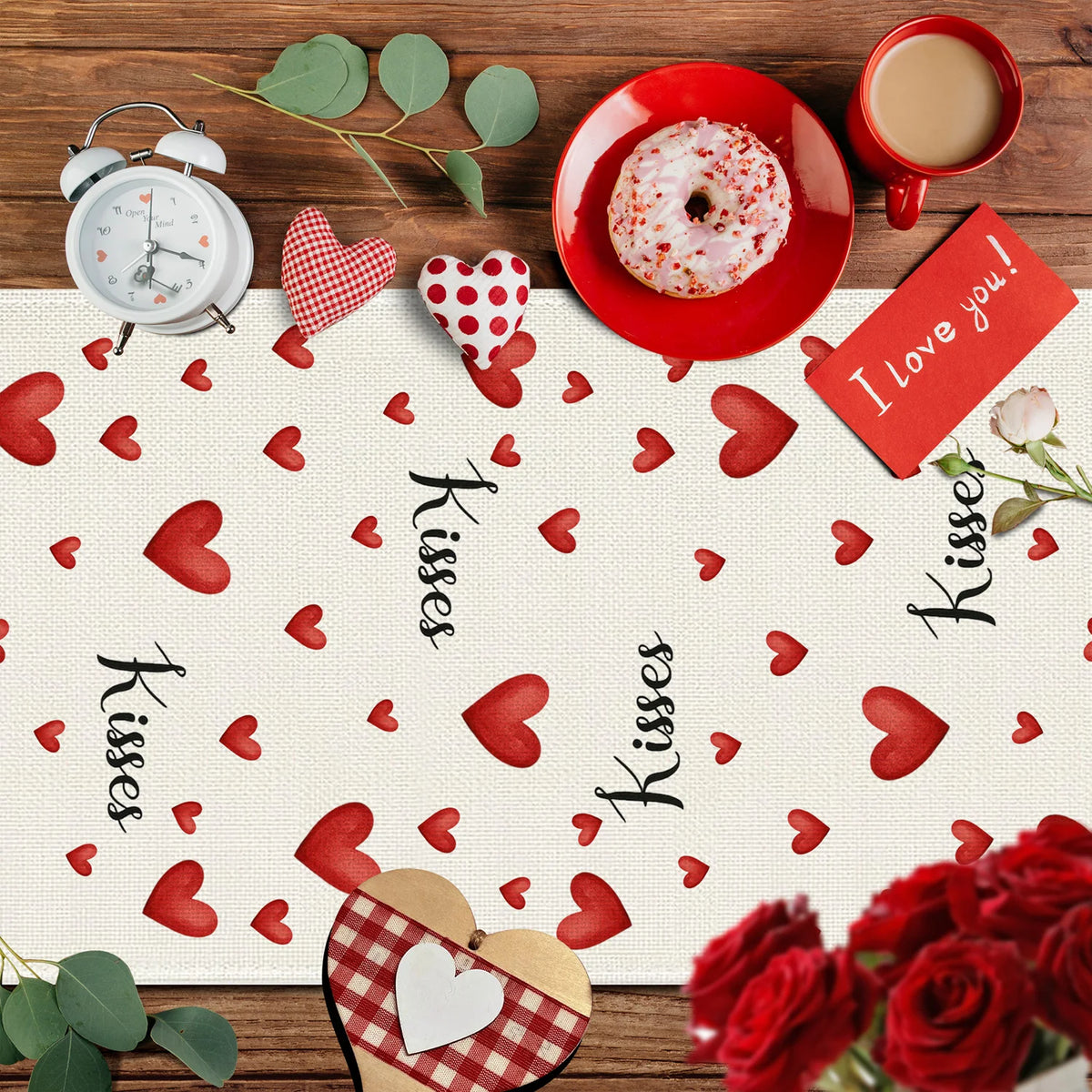 Valentine's Day Table Runner – Kiss & Puppy Heart | 3 Sizes Holiday Table Runner PLUSH