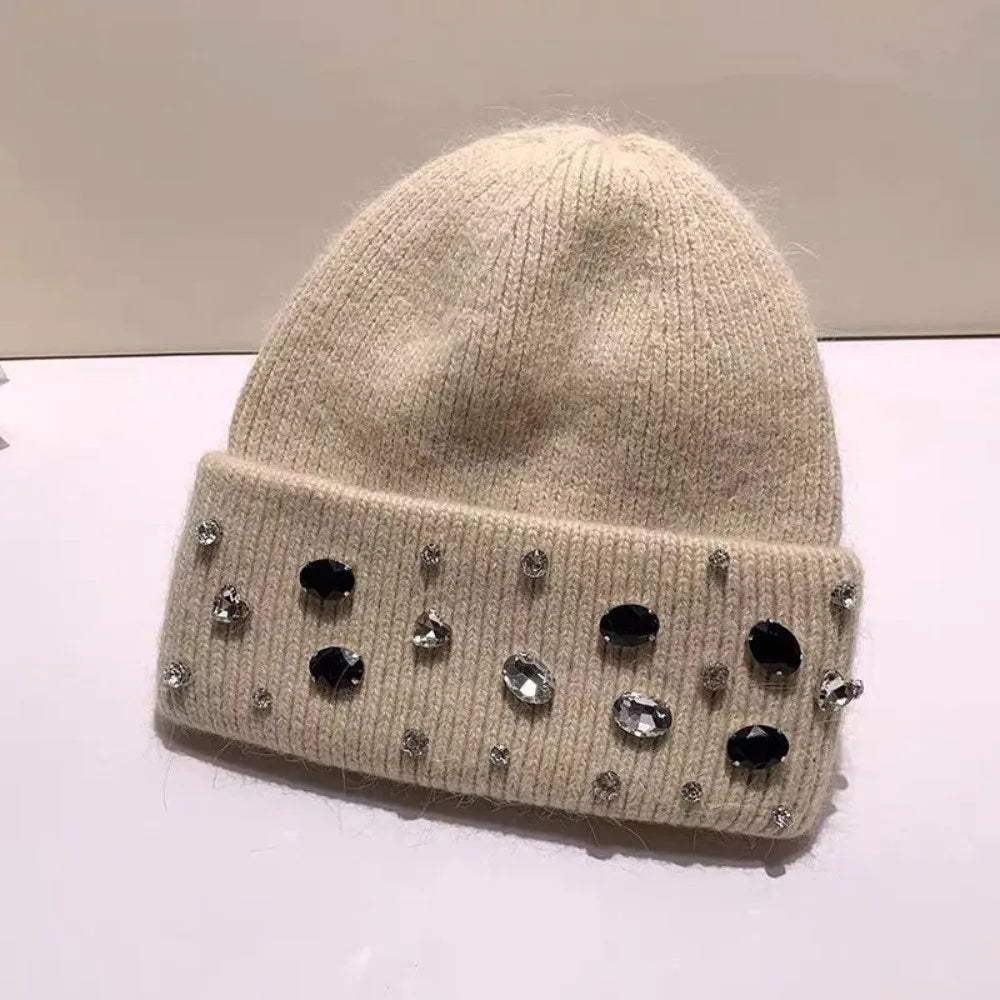Women's Rhinestone Knit Beanie – Warm Winter Hat Knit Beanie Hat PLUSH Beige