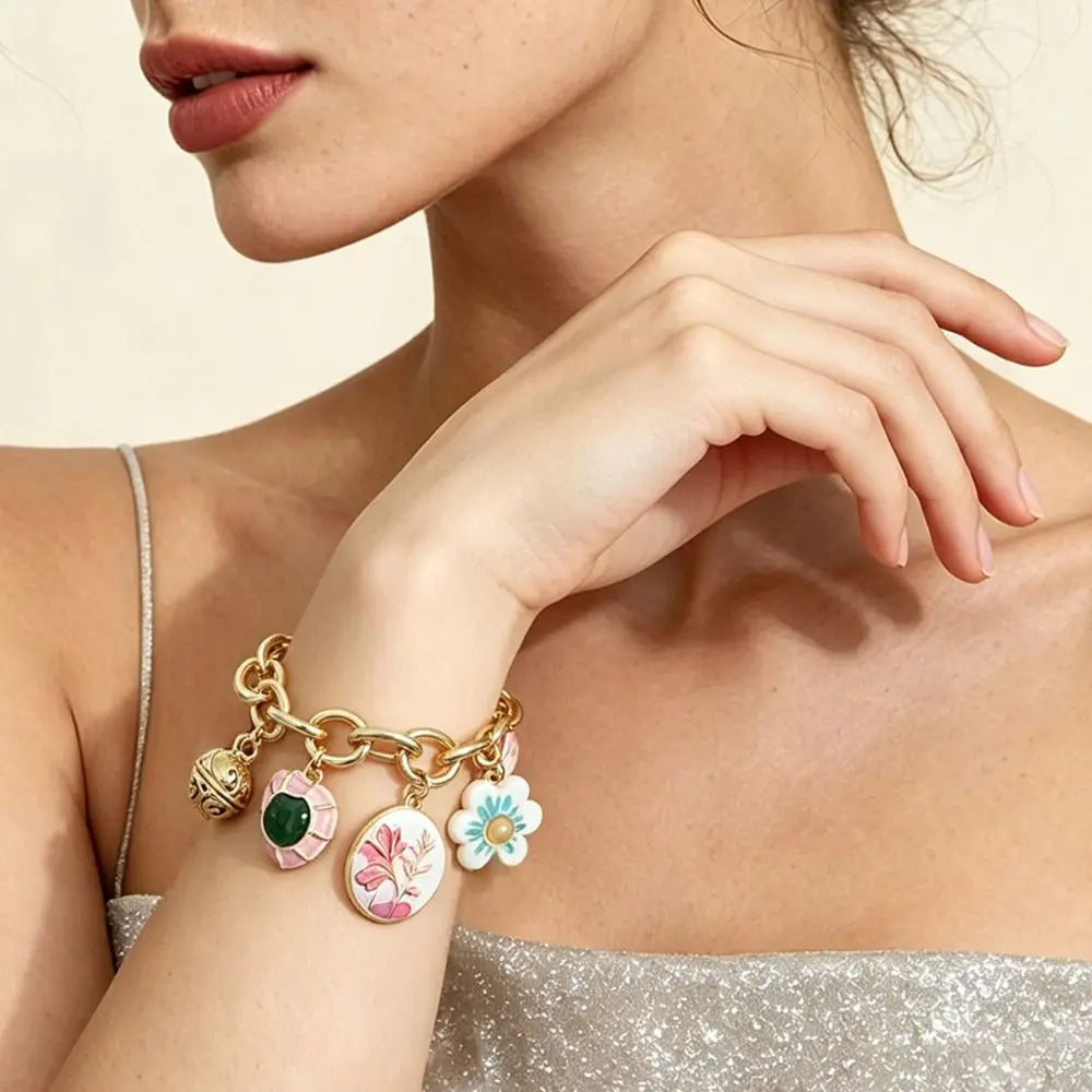 Enamel Charm Bracelet – Floral Bohemian Glaze Chain & Link Enamel Charm Bracelet PLUSH