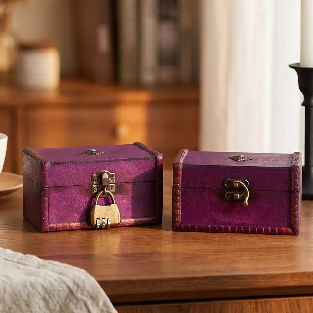 Vintage Wooden Treasure Chest Jewelry Box with Lock – Retro Jewelry Storage Box PLUSH