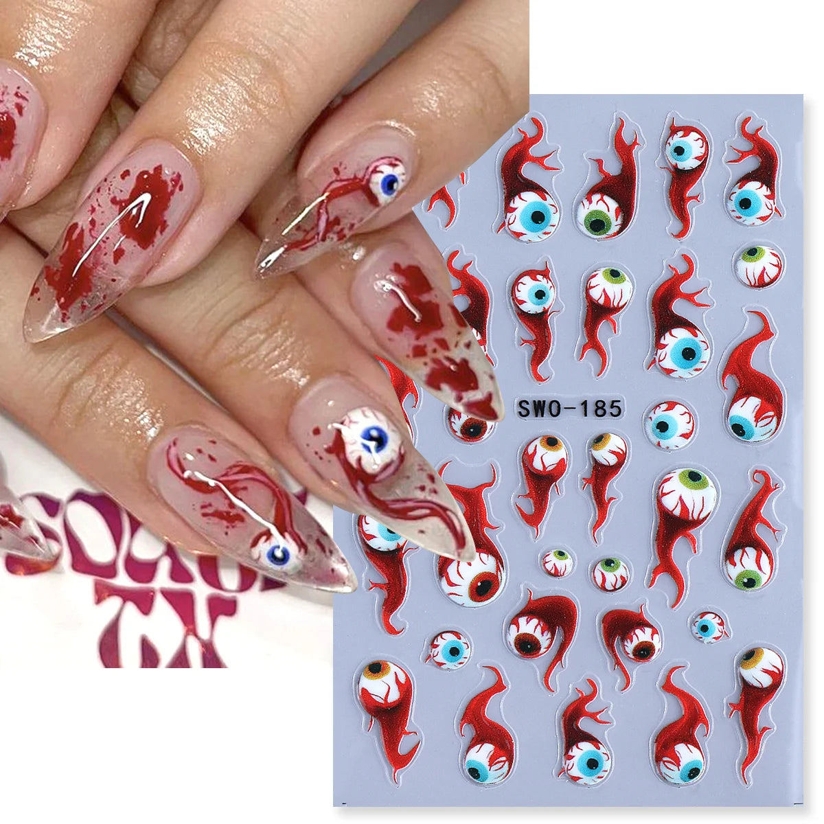 Halloween Bloodshot Eyeball Matte Nail Decals – 2 Sheets Nail Art Decals PLUSH