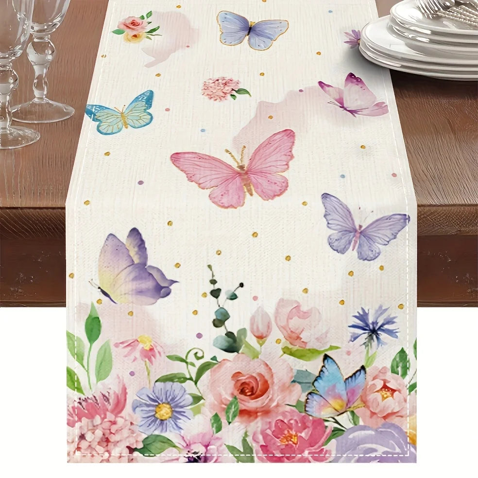 Spring Butterfly Floral Table Runner – Watercolor & Gold Dots Decorative Table Runner PLUSH
