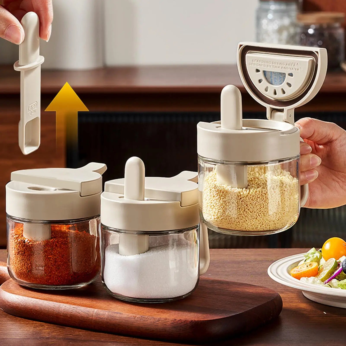 Glass Seasoning Jar with Telescopic Spoon – Moisture-Proof 380ml Kitchen Seasoning Jar PLUSH