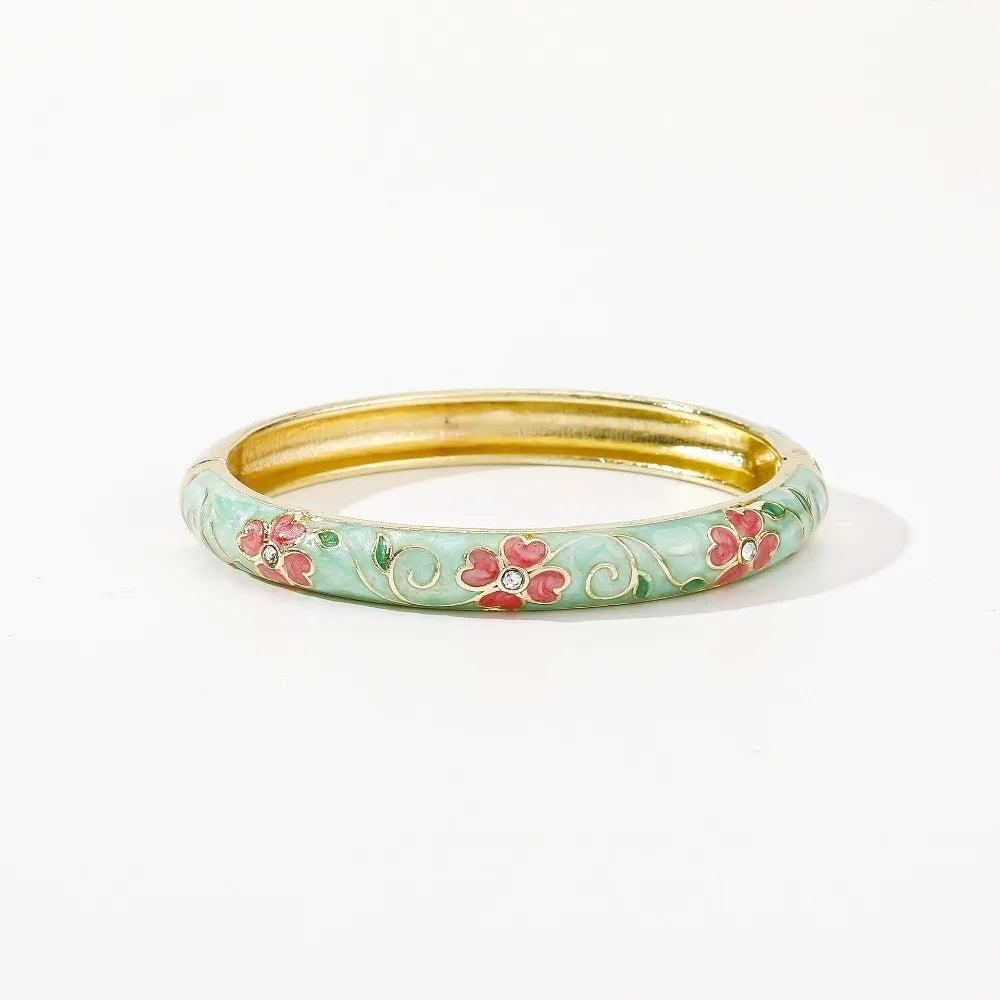 Enamel Cloisonné Cherry Blossom Bangle | Women's Vintage Bracelet Enamel Bangle Bracelet PLUSH Green Deep Pink