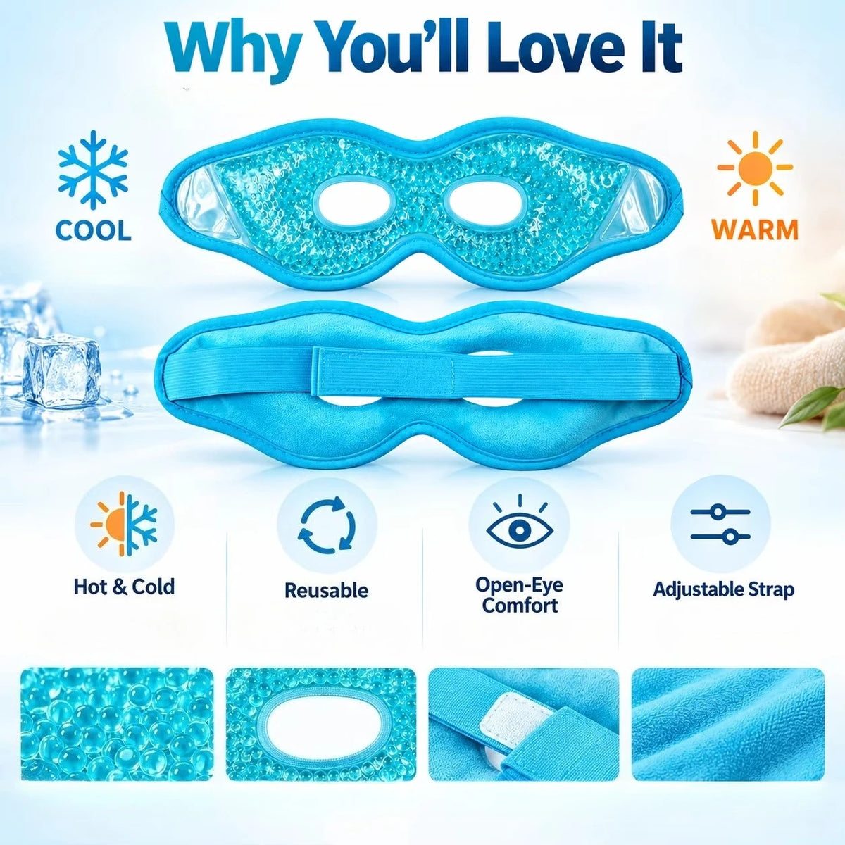 Reusable Hot Cold Gel Bead Eye Mask with Holes – Plush Compress Gel Eye Mask PLUSH