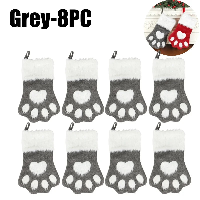 Dog Paw Christmas Stockings – Fuzzy Red Velvet Holiday Set Christmas Stocking Set PLUSH Grey-8PC 44x22cm