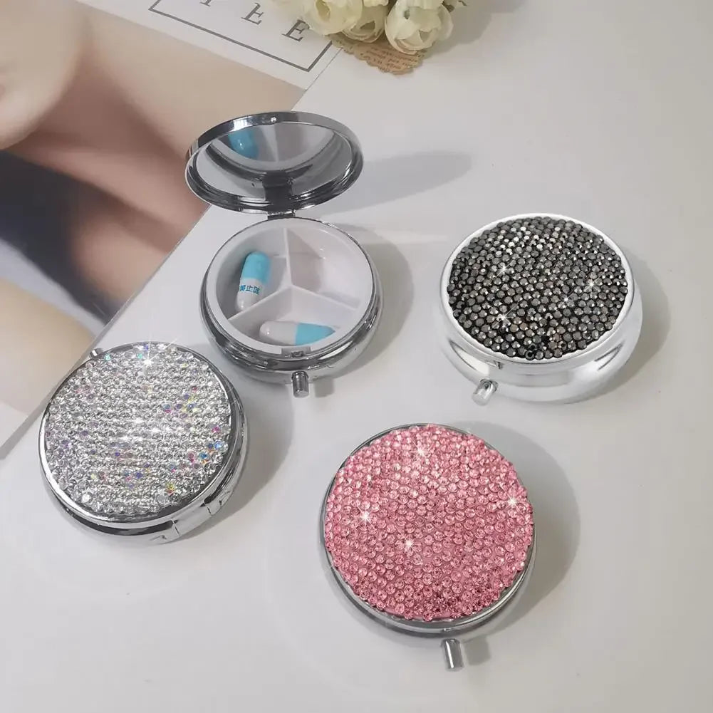 Sparkling Rhinestone Pill Organizer with Mirror – 3 Compartments Pill Organizer Case PLUSH