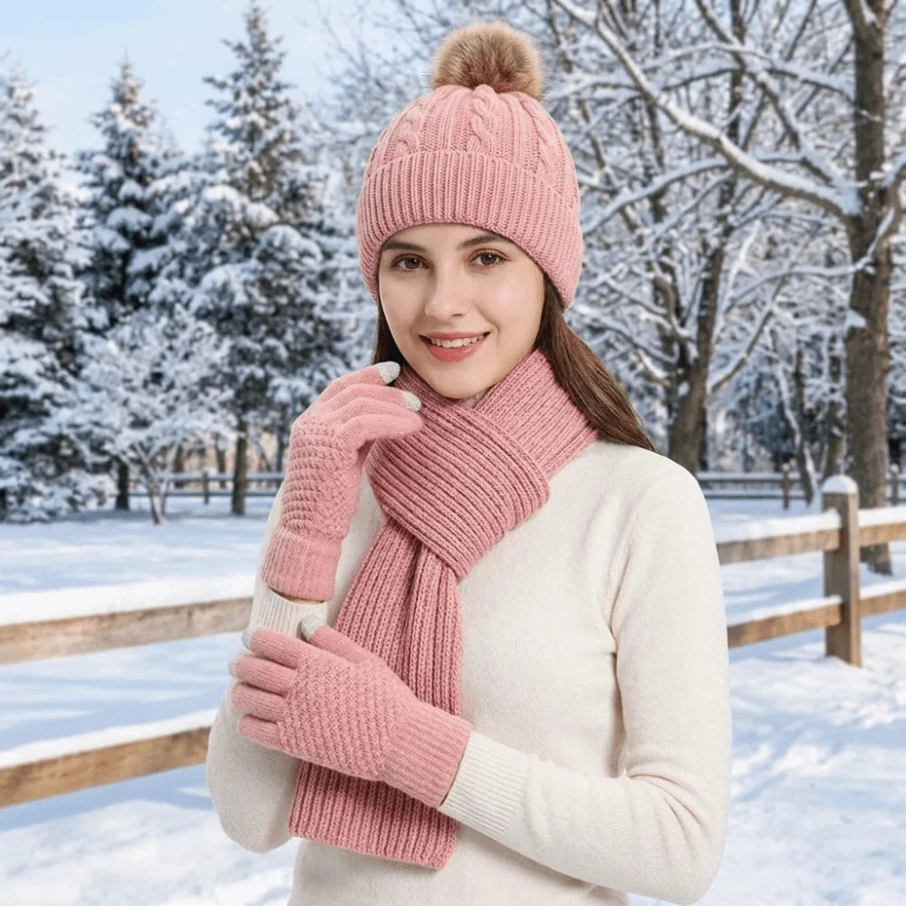 3-Piece Knit Scarf Hat & Touchscreen Gloves Winter Set Winter Accessories Set PLUSH