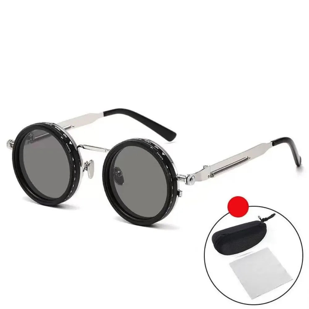 ND9 Round Retro Anti-UV Sunglasses with Case | Cycling Fishing Retro Sunglasses PLUSH Silver with Case