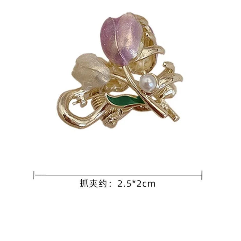 Tulip Mini Hair Claw Clip – Retro Floral Korean Hairpin Hair Claw Clip PLUSH