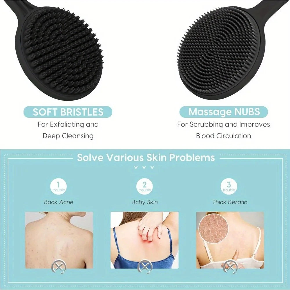 Silicone Back Scrubber Brush – Long Handle, Double-Sided Body Scrubber Brush PLUSH