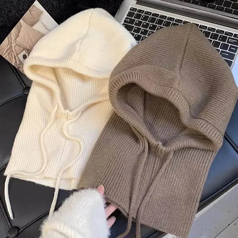 Women's Knit Hooded Beanie & Integrated Neck Warmer Hat Winter Knit Beanie PLUSH