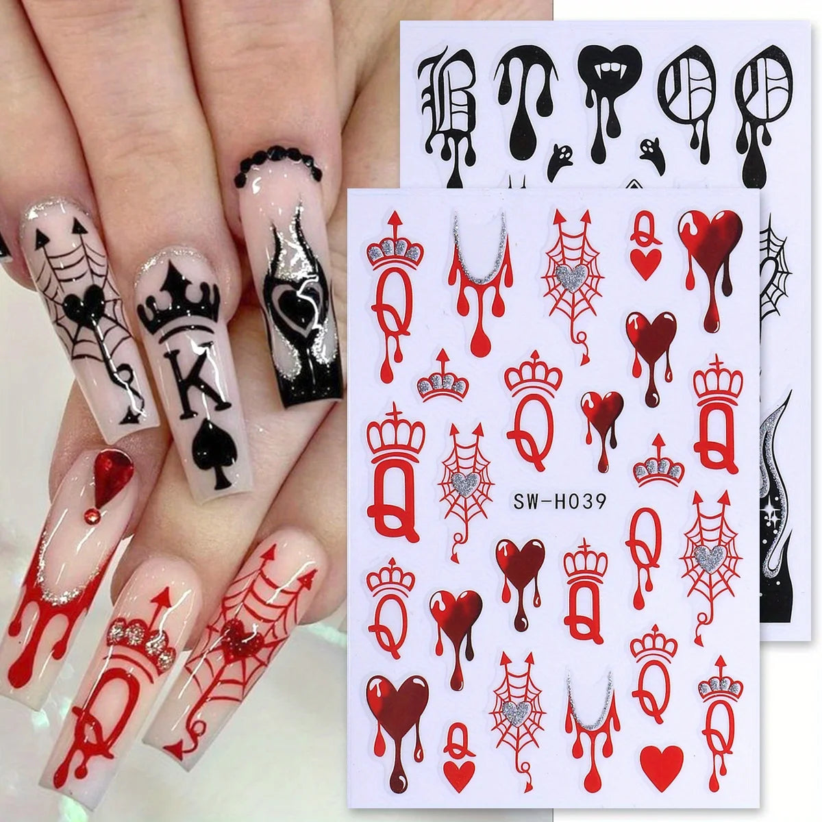Poker Nail Glitter Stickers – Gothic Queen King Spider Web Decals Nail Art Stickers PLUSH
