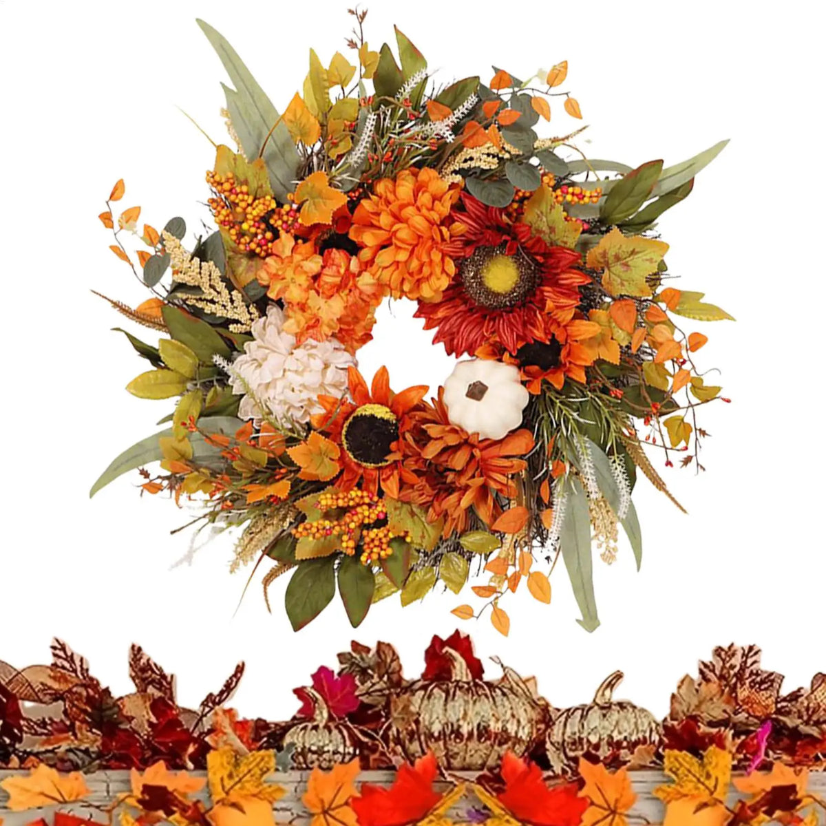 Autumn Harvest Fall Wreath – Artificial Pumpkin Door Wreath Seasonal Door Wreath PLUSH