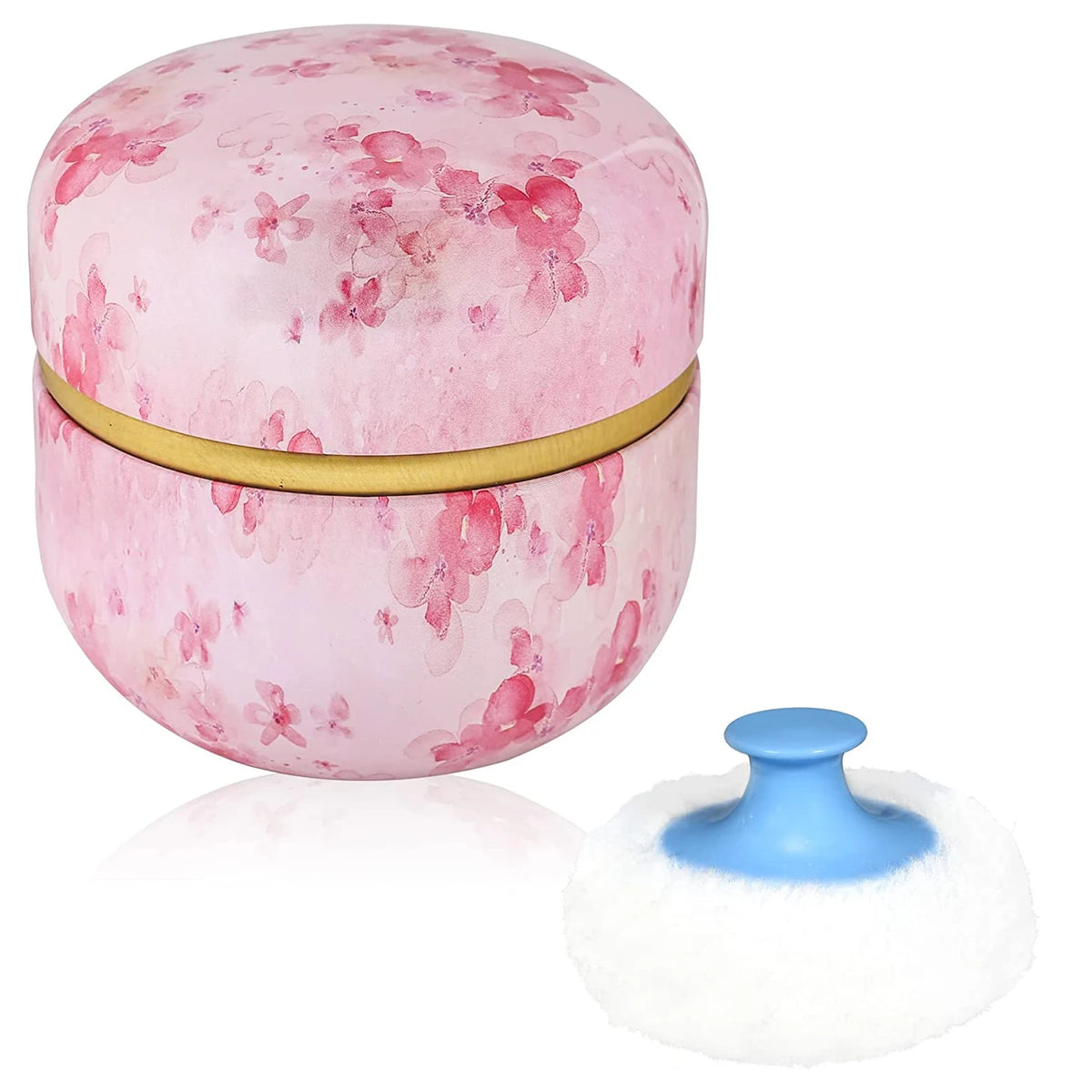 Loose Powder Container with Puff & Tinplate Case for Travel Powder Case & Puff PLUSH Pink Flower