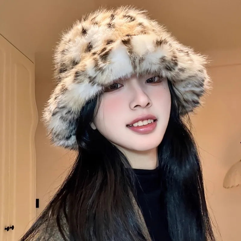 Women's Puffy Faux Fur Bucket Hat | Leopard Print Winter Hat Faux Fur Bucket Hat PLUSH