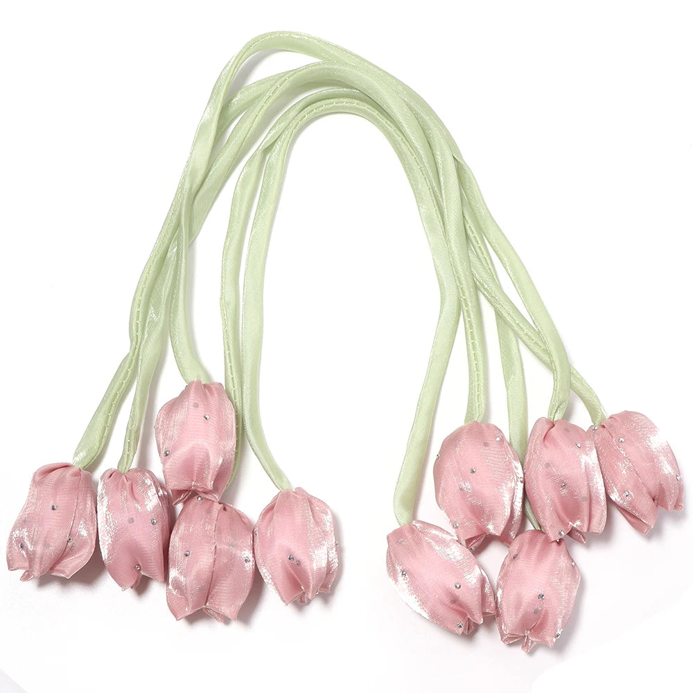 5pcs Satin Tulip Flower Strings Rhinestone DIY Hair & Garment Fabric Flower Trim PLUSH dark pink
