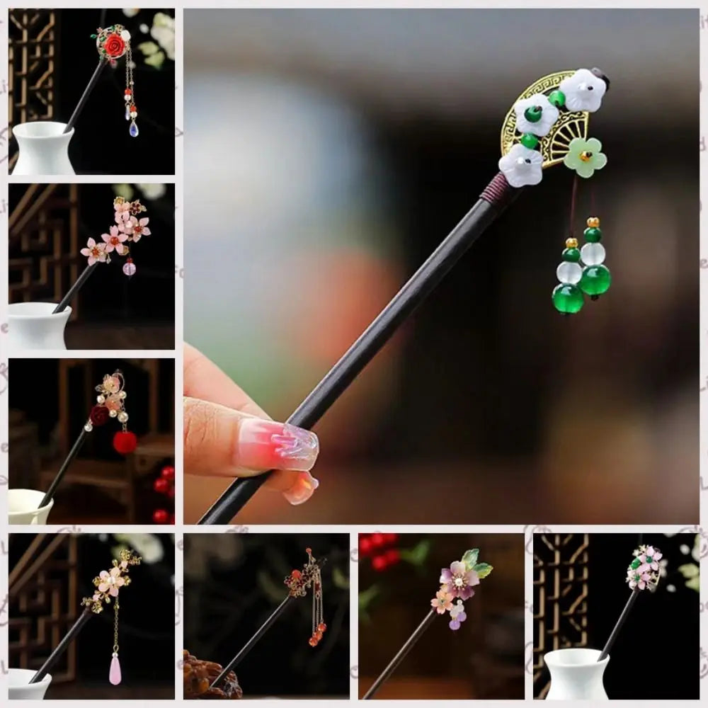 Wooden Chinese Hair Stick Vintage Flower Tassel Hairpin Fork Hair Stick Hairpin PLUSH