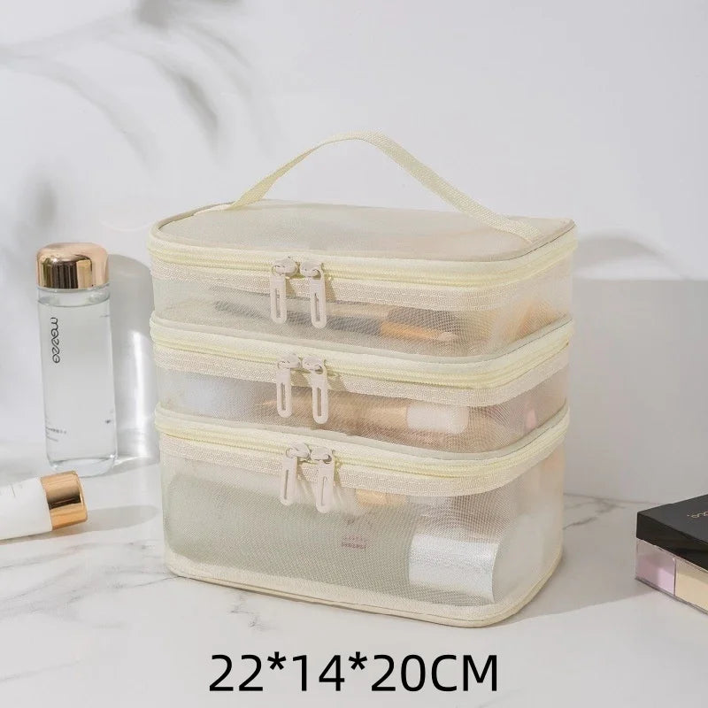 Travel Mesh Makeup Organizer Bag | Cosmetics Storage Box Makeup Organizer Bag PLUSH Three layer bag