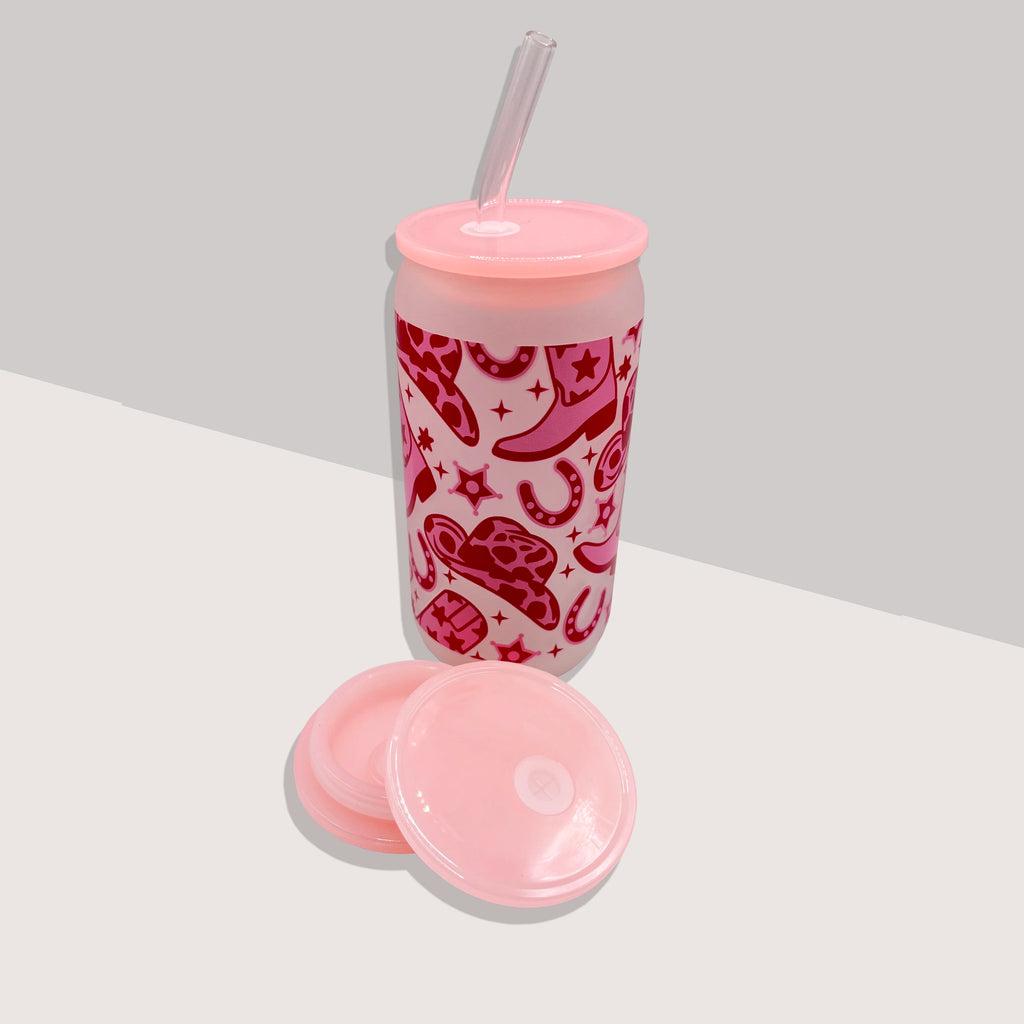 Western Cowgirl 16 oz Glass Cup with Straw, Lid & Brush Glass Drinkware Set PLUSH Glass Cup 401-500ml