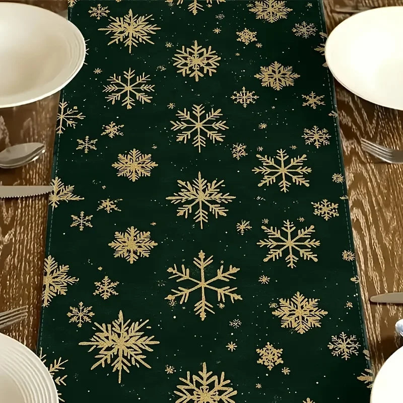 Dark Green Gold Snowflake Christmas Table Runner – 3 Sizes Christmas Table Runner PLUSH