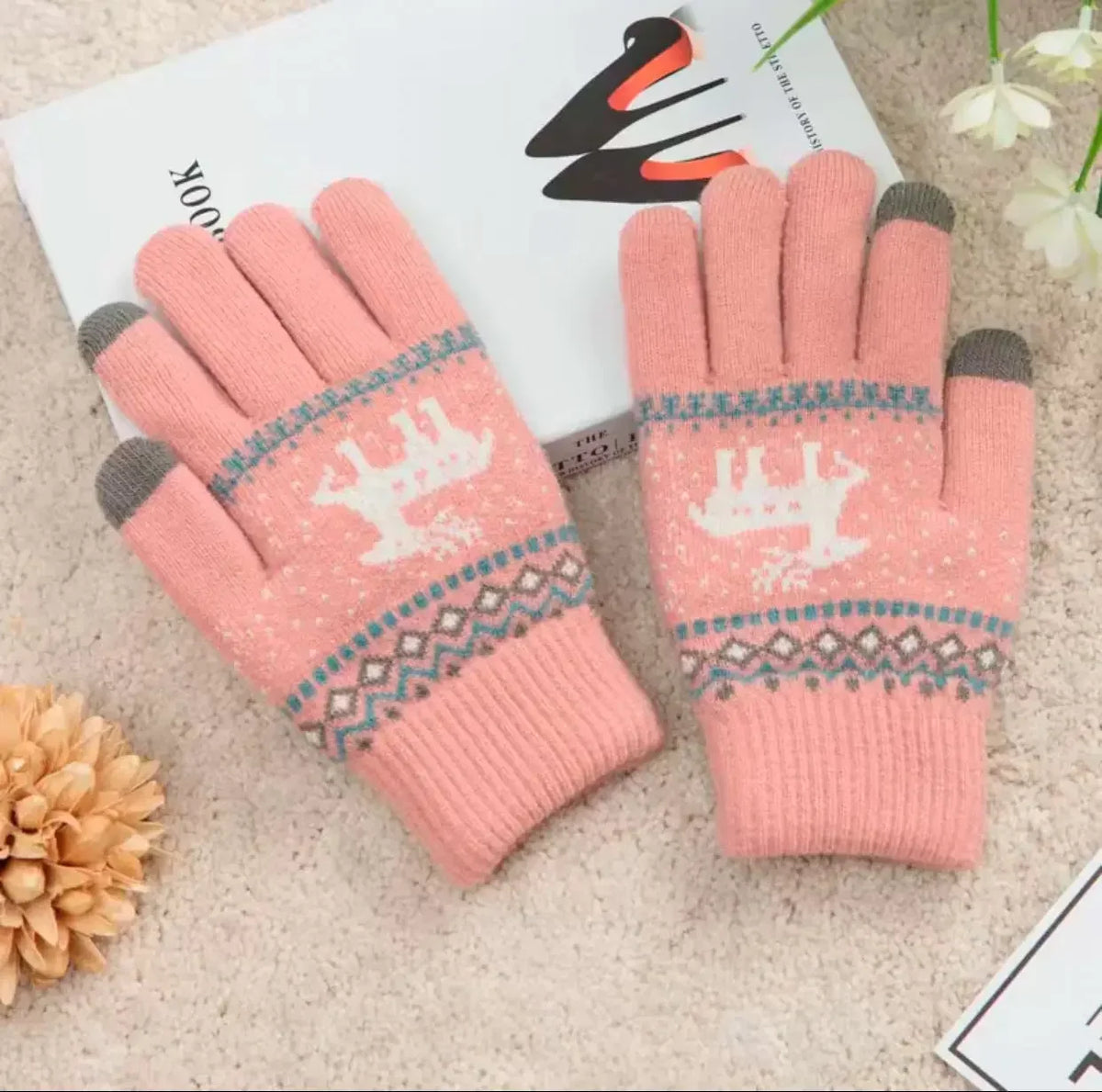 Winter Knitted Cashmere Gloves – Christmas Deer Touch Screen Winter Knitted Gloves PLUSH Pink 5pairs