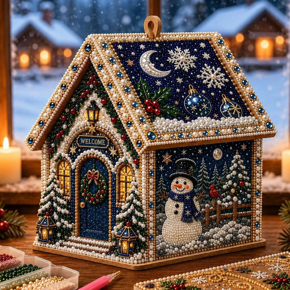 Wooden Christmas House Diamond Painting Set – 4-Sided Holiday Diamond Painting Kit PLUSH Christmas 1