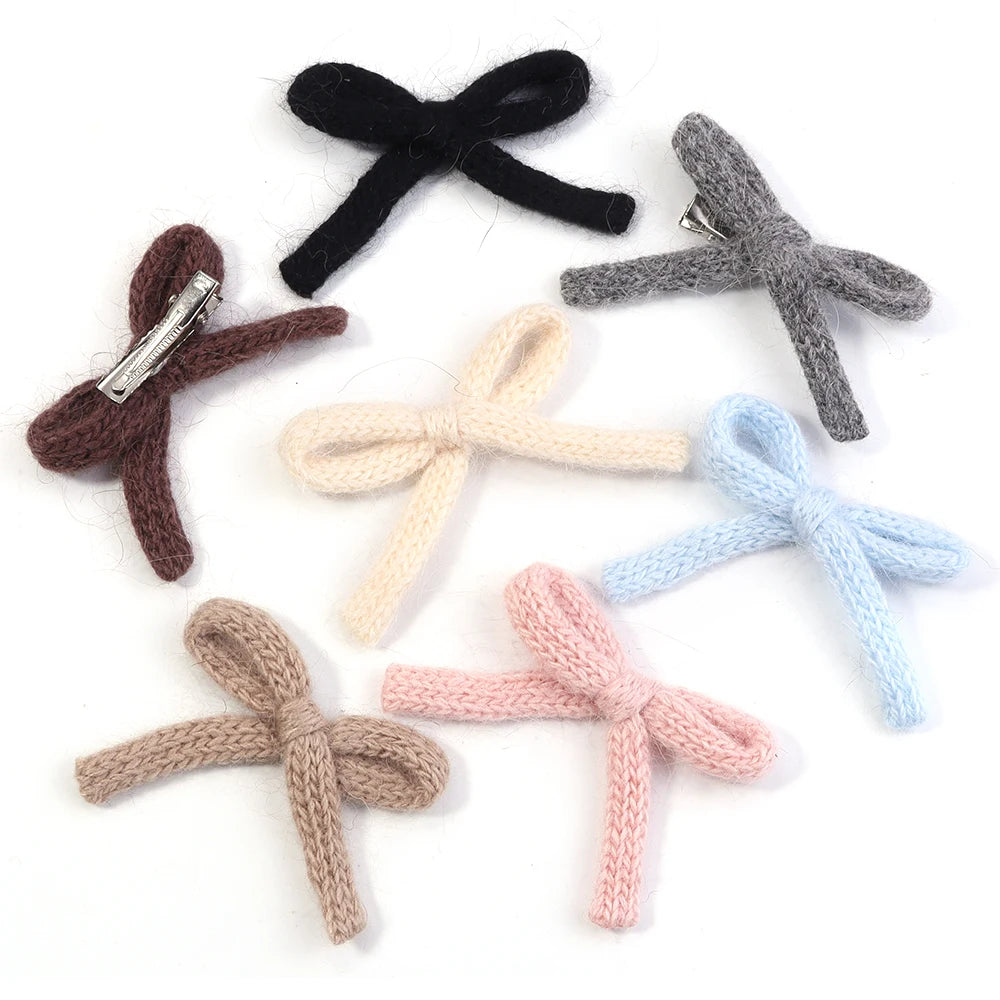 6pcs Handmade Knitted Wool Bows 5x7cm – Colorful Craft Bowknots Craft Bow Embellishments PLUSH