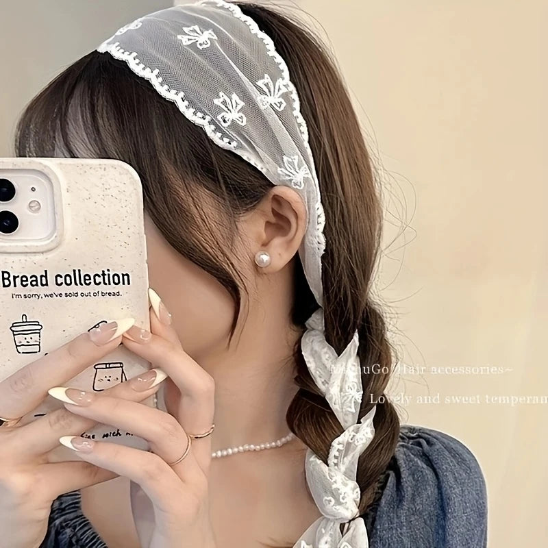 White Lace Ribbon Headband Scarf – Women's Hair Tie Ribbon Headband Scarf PLUSH