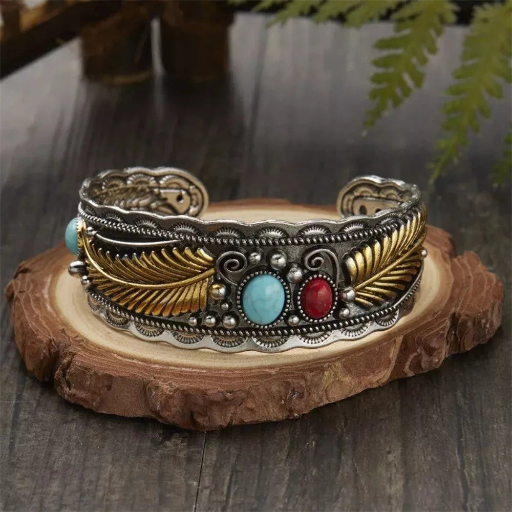 Vintage Turquoise Feather Cuff Bangle – Adjustable Women's Bracelet Cuff Bangle Bracelet PLUSH Style 1