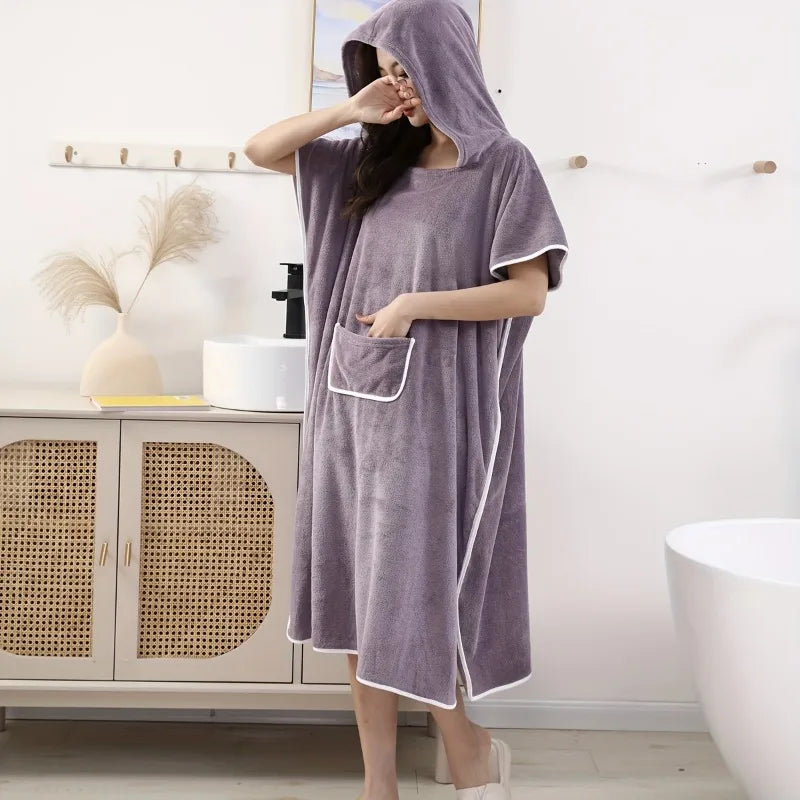 Women's Hooded Coral Fleece Bathrobe – Soft Absorbent Spa Robe Hooded Bathrobe PLUSH