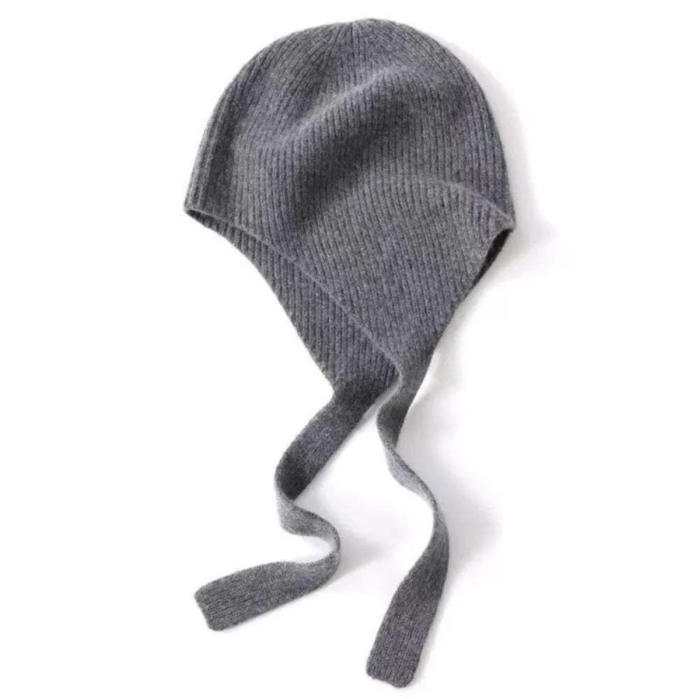 Women's Knit Earflap Beanie with Ribbon Tie – Korean Style Knit Earflap Beanie PLUSH Grey