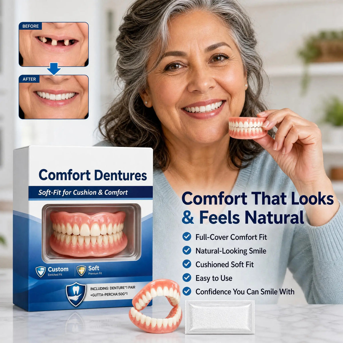 Full Silicone Denture Set – Lifelike Fake Teeth Upper & Lower Cosmetic Denture Set PLUSH