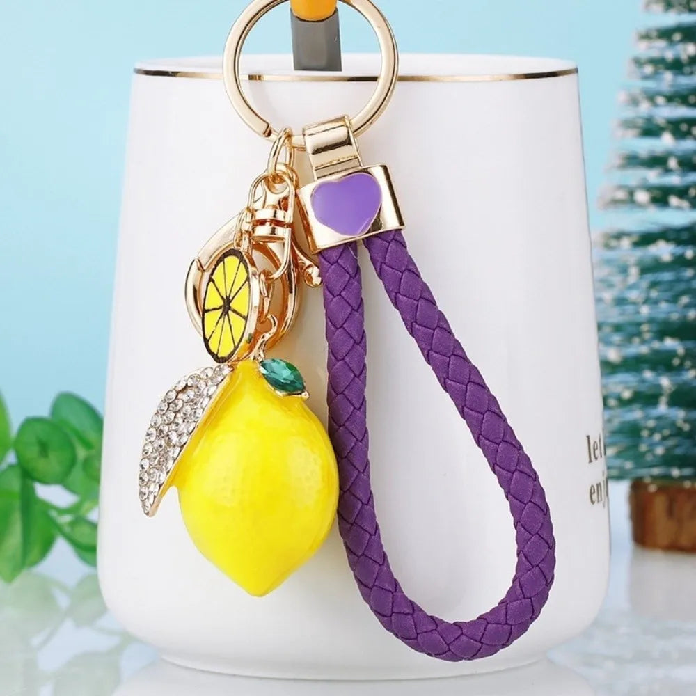 Lemon Keychain Rhinestone Leaf Charm & Braided Rope Strap Fashion Keychain PLUSH