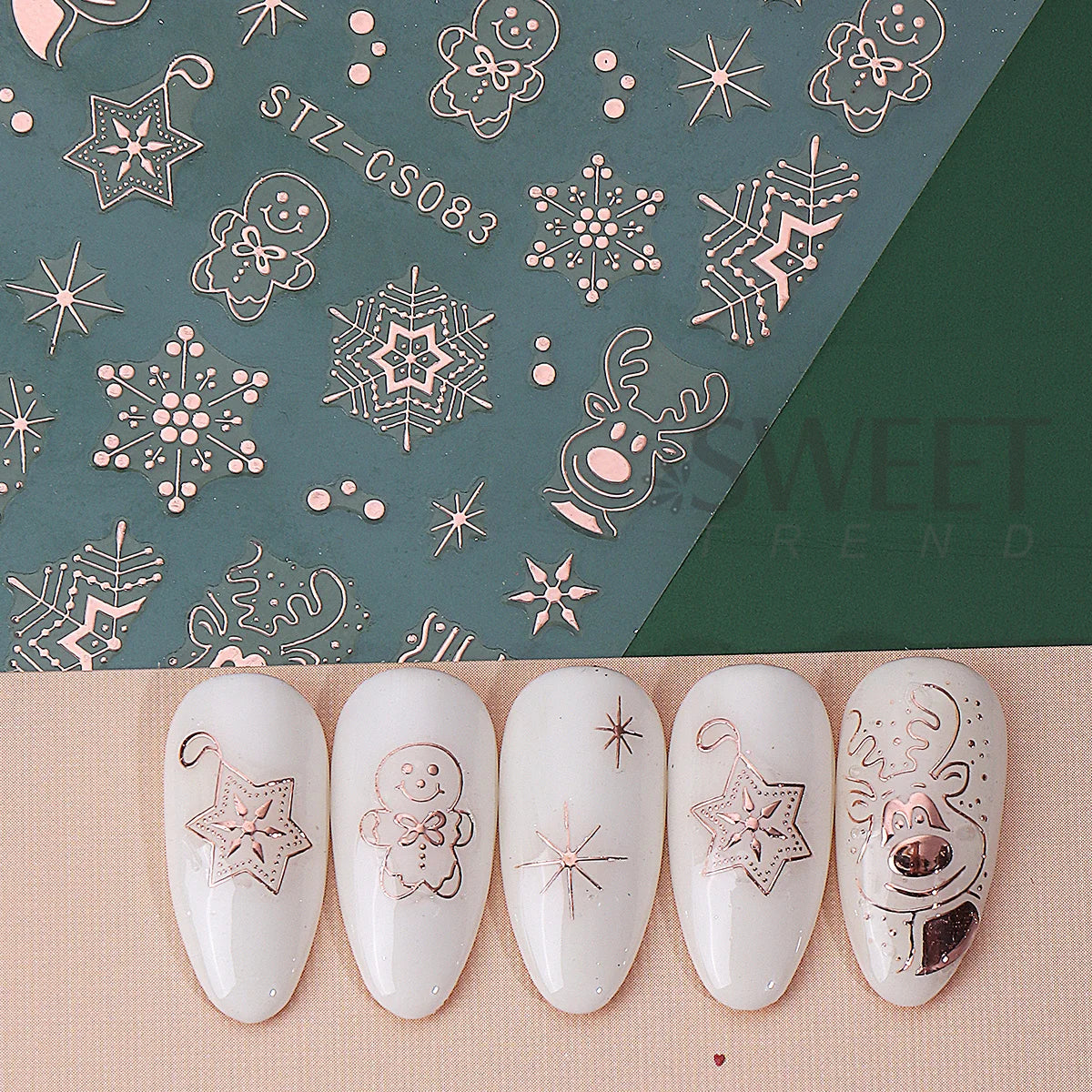 Christmas Metallic Nail Stickers Rose Gold Reindeer Snowflake 4pc Nail Art Stickers PLUSH