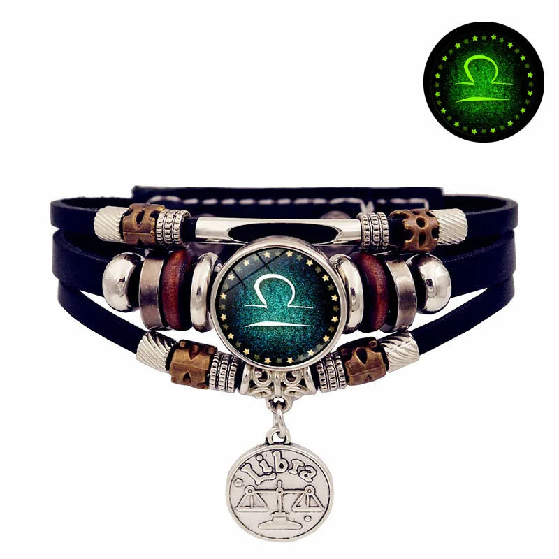 Zodiac Luminous Leather Bracelet – Multilayer Beaded Unisex Charm Bracelet PLUSH 5- Libra