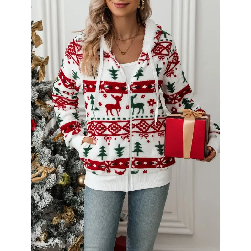 Women's Christmas Plush Lined Hooded Jacket – Reindeer Snowflake Hooded Winter Jacket PLUSH
