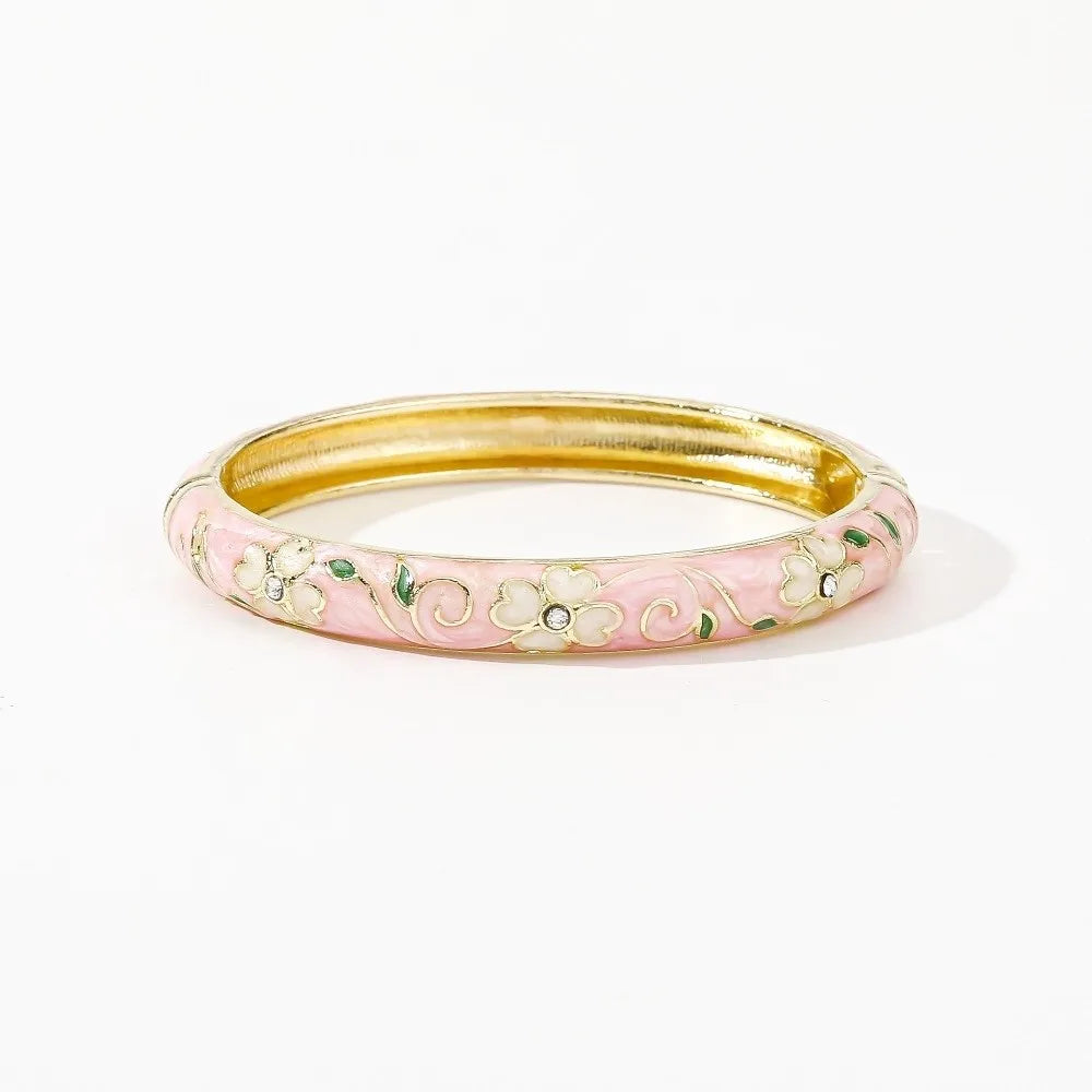 Enamel Cloisonné Cherry Blossom Bangle | Women's Vintage Bracelet Enamel Bangle Bracelet PLUSH Pink White