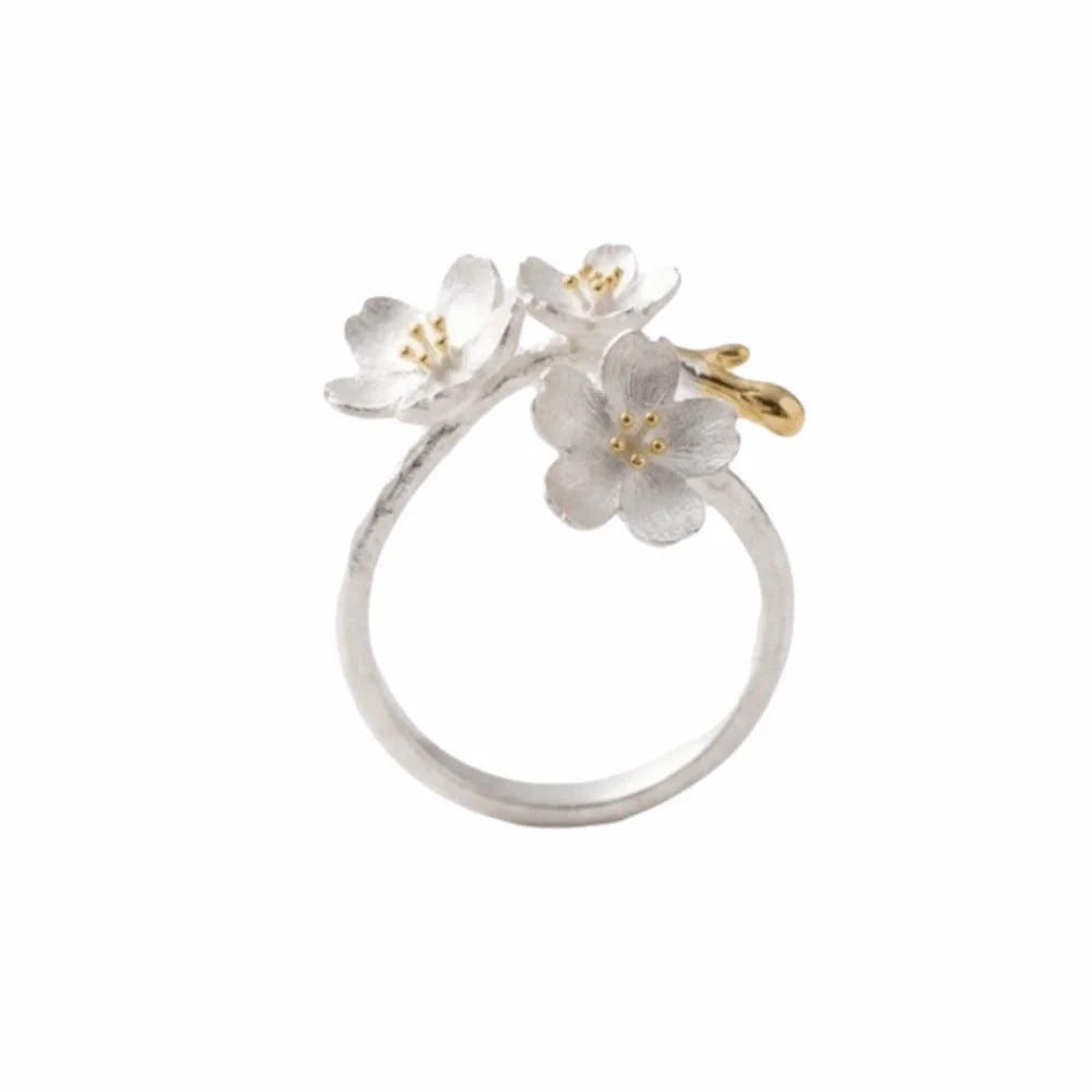 Vintage Flower Forest Adjustable Silver Ring for Women Fashion Ring PLUSH 3Flowers