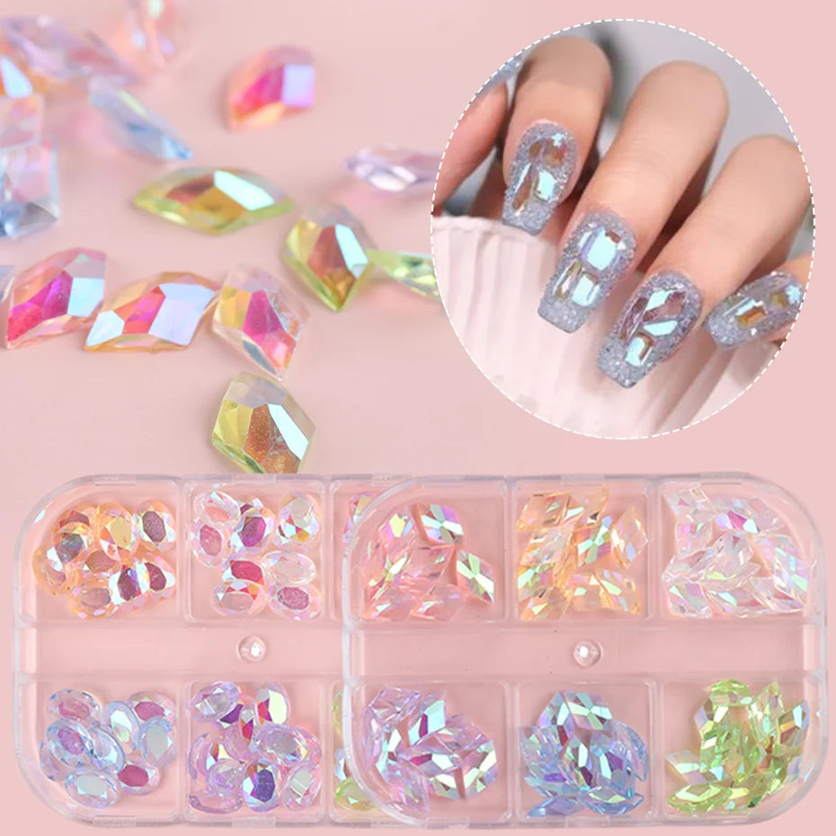 6-Grid Aurora Nail Charms Crystal Rhinestone Flatback Gems Nail Art Rhinestones PLUSH