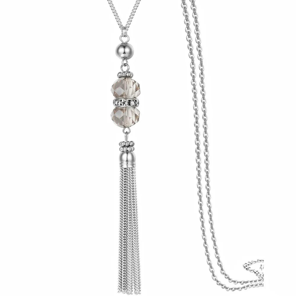 Silver-Tone Long Pendant Sweater Chain Necklace for Women Pendant Necklace PLUSH