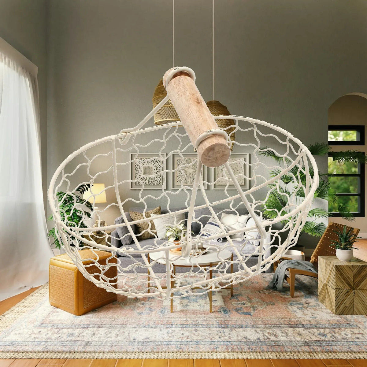 Oval Iron Wire Storage Basket with Wooden Handle Wire Storage Basket PLUSH CharcoalGray